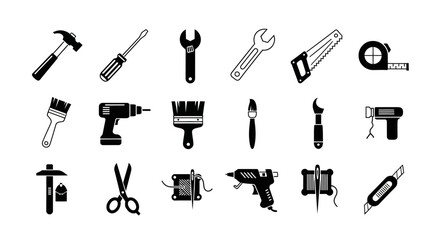 Essential DIY and crafting tools collection featuring hammer, drill, saw, scissors, and sewing kit for creative projects