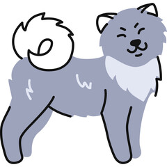 Stylized Illustration Of A Fluffy Light Grey Dog With A Curled White Tail And Closed Eyes In A Playful Pose On A Transparent Background