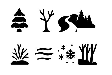 Fototapeta premium Snowy Forest Icons. Snowy Forest. Filled icon set of Snowy Forest: snow-covered pine, bare birch, path through