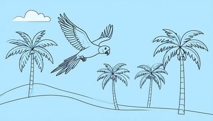 Parrot flying over palm trees in a tropical landscape.