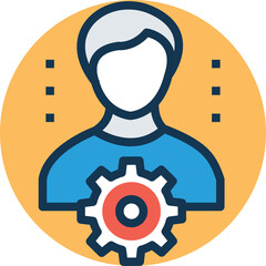 Stylized Icon Representing A Person With A Gear Symbol Below And A Yellow Circular Background