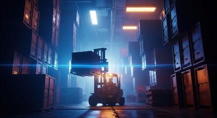Workers operating autonomous forklifts in a large warehouse, cyberpunk inspired theme