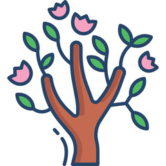 Stylized illustration of a blooming tree with pink flowers and green leaves on a transparent background representing nature and growth