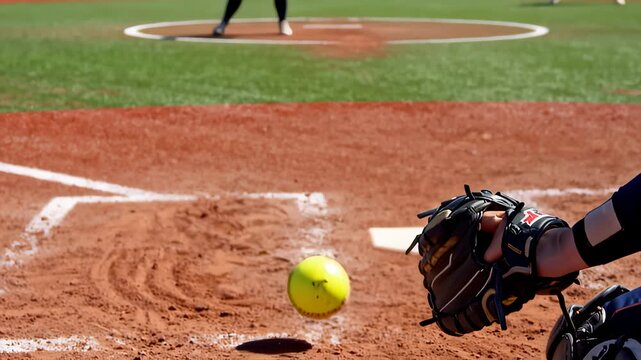 Softball Player Catches the Ball at Home Plate During Baseball Game