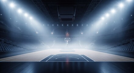 Empty basketball arena, stadium, sports ground with flashlights and spotlights