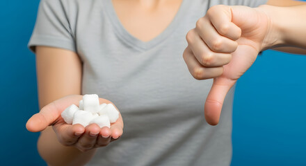 Stop eating sugar concept. Anonymous woman holds sugar cubes in one hand and shows a thumbs-down gesture with the other.
