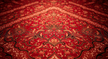 Detailed close-up shot of a red and gold floral batik textile, displaying intricate patterns and warm earthy tones, capturing its texture.