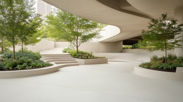 Greenery and modern stairs integrated into urban farm architecture with flowing concrete curves and lush planted areas.