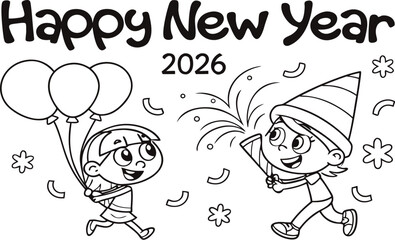 Happy birthday cartoon coloring illustration of a girl with balloons and a cat character sketch