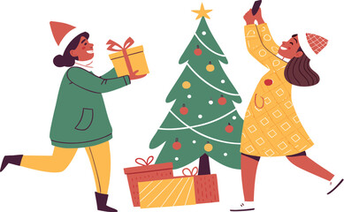 Cartoon vector illustration of Santa Claus with gifts and presents by a decorated Christmas tree in winter snow