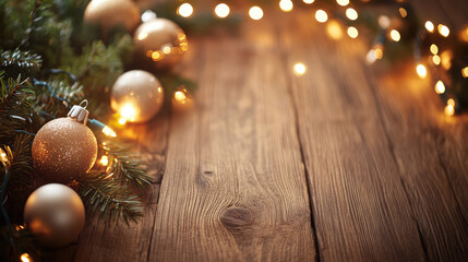 A wooden table background with soft-focus Christmas ornaments and lights, suitable for product presentations and festive promotional materials