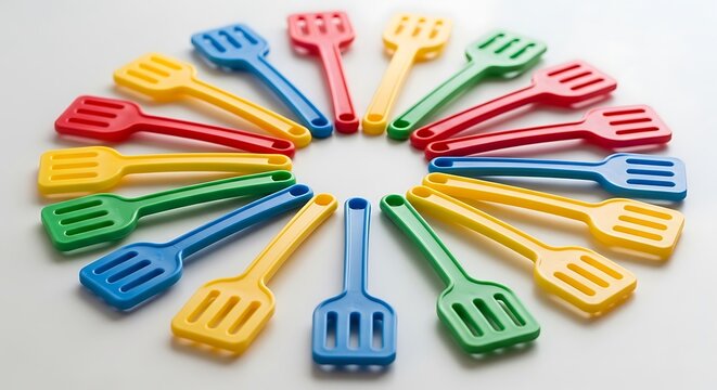 Colorful plastic spatula arrangement, kitchen utensils in vibrant circle form