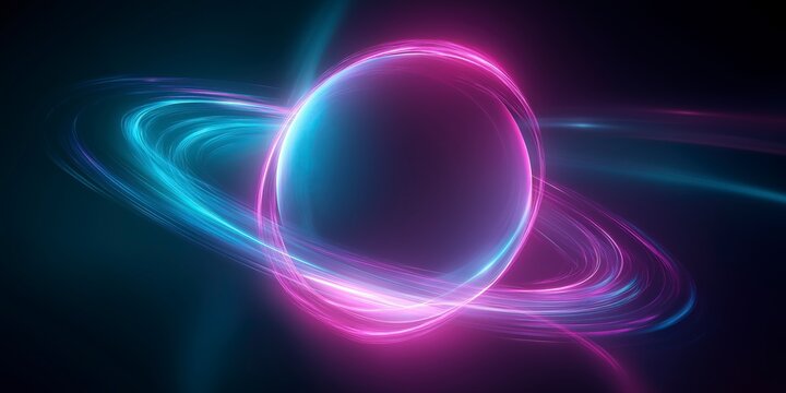 Abstract image featuring luminous plasma rings in vibrant orbiting a central smooth sphere, creating a futuristic, dynamic, and energetic cosmic effect against a dark background