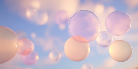 Abstract image featuring multiple soft, translucent spheres or bubbles floating against a bright, airy background with peach and light lilac pastel colors, creating a dreamy and ethereal texture