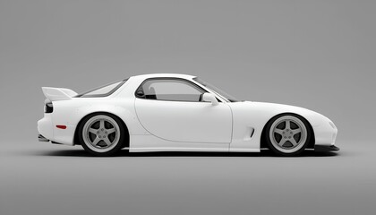 White Sports Car Side View on Grey Background - Classic JDM Performance Vehicle with Custom Wheels and Spoiler