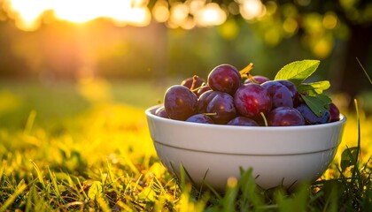 Bowl of Plums in Golden Sunlight on Green Grass.
