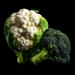 Stock photo of fresh cauliflower and broccoli on black background healthy food diet vegan raw
