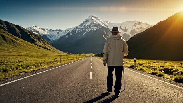 Elderly Man Walks on Road With Scenic Mountain Views