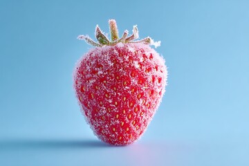 Isolated frozen strawberry fruit on blue background fresh food photography closeup view