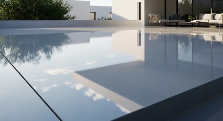 Minimalist rooftop terrace with architectural reflections and sleek surfaces