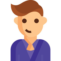 Stylized illustration of a man with brown hair wearing a blue kimono with a light tan skin tone and a sideways glance against a transparent background