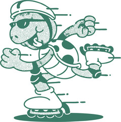 Cool Cartoon Turtle Skating Fast on Rollerblades Wearing Helmet and Sunglasses in Retro Halftone Pop Art Style