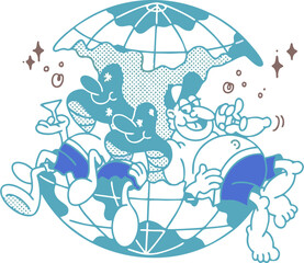 🧠 Judul (English, panjang & natural):
Funny Cartoon Characters Relaxing on Top of the World Drinking and Having Fun in Retro Halftone Pop Art Style