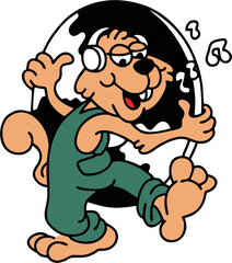 Funny Cartoon Character Dancing with Headphones and Vinyl Record – Retro Music Vector Illustration