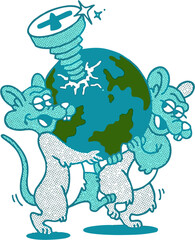 Two Cartoon Rats Holding the Earth with a Giant Screw Symbolizing Environmental Destruction and Global Crisis in Retro Halftone Pop Art Style