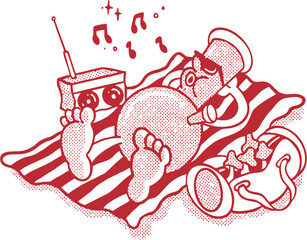 Cartoon Tube Character Relaxing on the Beach with Radio and Music – Retro Summer Vector Illustration