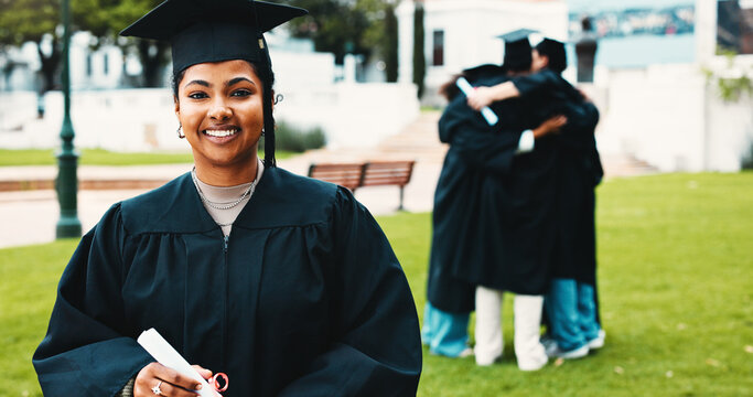 Portrait, woman or college student at graduation with smile for success, skill development and diploma. Happy, person and pride on campus with scroll for education, scholarship and university degree.