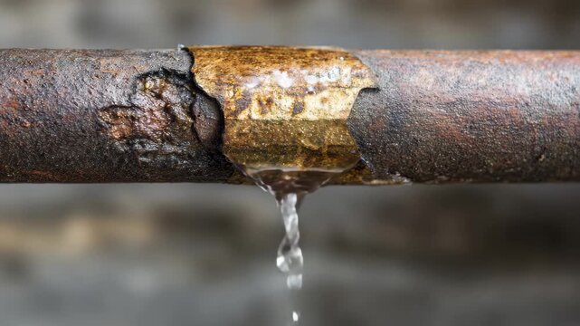 Water leaking from a cracked pipe in a damaged industrial setting during daylight hours