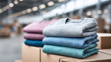 Stacked colorful t-shirts in a warehouse setting.