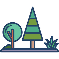 Stylized illustration of a green deciduous tree and a tall evergreen tree with blue outlines on a purple ground strip with a white background