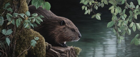 Beaver tirelessly gnawing wood by the riverbank filled with quiet determination