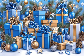 Stacked Christmas gift boxes with ribbons, bows, pine cones, and snowflakes in blue and gold color scheme creating a festive celebration background for holiday design projects