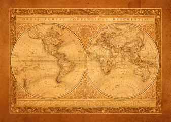 Antique world map collage with vintage paper texture, artistic digital illustration inspired by old cartography of the 18 century. Old geographical map collage.