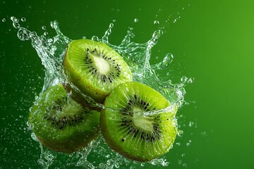 Kiwi fruit splashing water fresh healthy food green background vibrant close up shot photo
