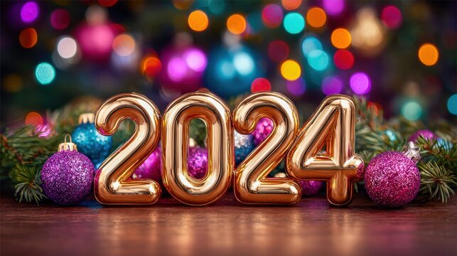 New Year 2024 festive greeting with golden numbers and Christmas ornaments. - Powered by Adobe
