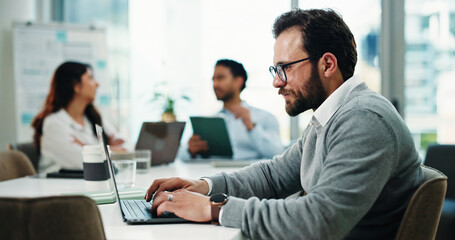 Fototapeta premium Financial advisor, office or man typing with laptop, insurance or savings proposal for company budget. Monitor market trend, investment strategy or team with pc for tax plan, risk review or coworking