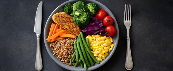 Healthy portion plate featuring balanced servings of vegetables grains and protein.