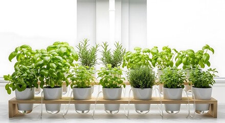 Arrangement of fresh culinary herbs growing indoors on a wooden rack