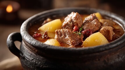 Simmering homemade flavor stew in a rustic farmhouse kitchen capturing comfort and tradition