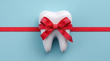 Tooth with a red ribbon on a blue background