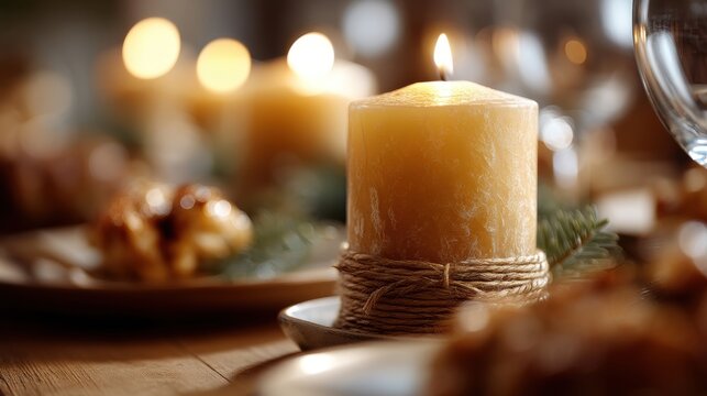 Cozy holiday dining table glowing candles and festive decor for a romantic atmosphere