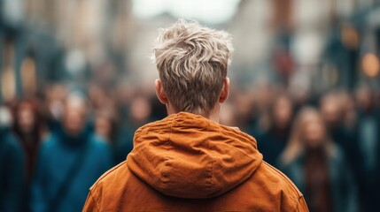 A person with blonde hair stands facing away from the camera in a crowd.