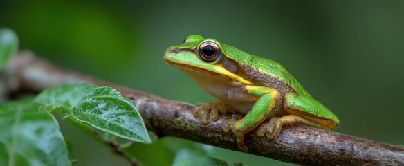 Obraz premium Frog clings to delicate slender woody limb amid lush vibrant green foliage.