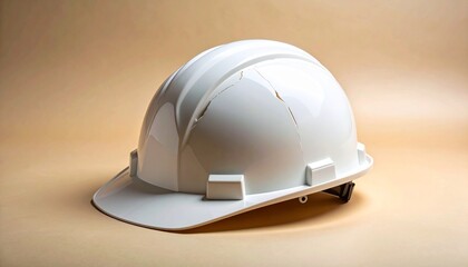 Cracked white construction safety helmet with jagged vertical split from top to brim, placed on a neutral beige background to emphasize damage and the importance of protective gear integrity.