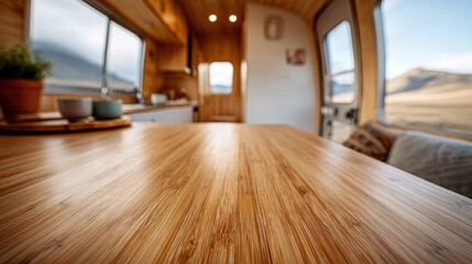 Cozy interior of a camper van with a wooden table and mountain view.