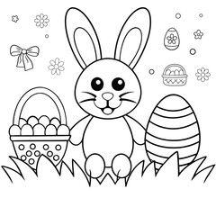 bunny carrying basket full of decorated easter eggs coloring page